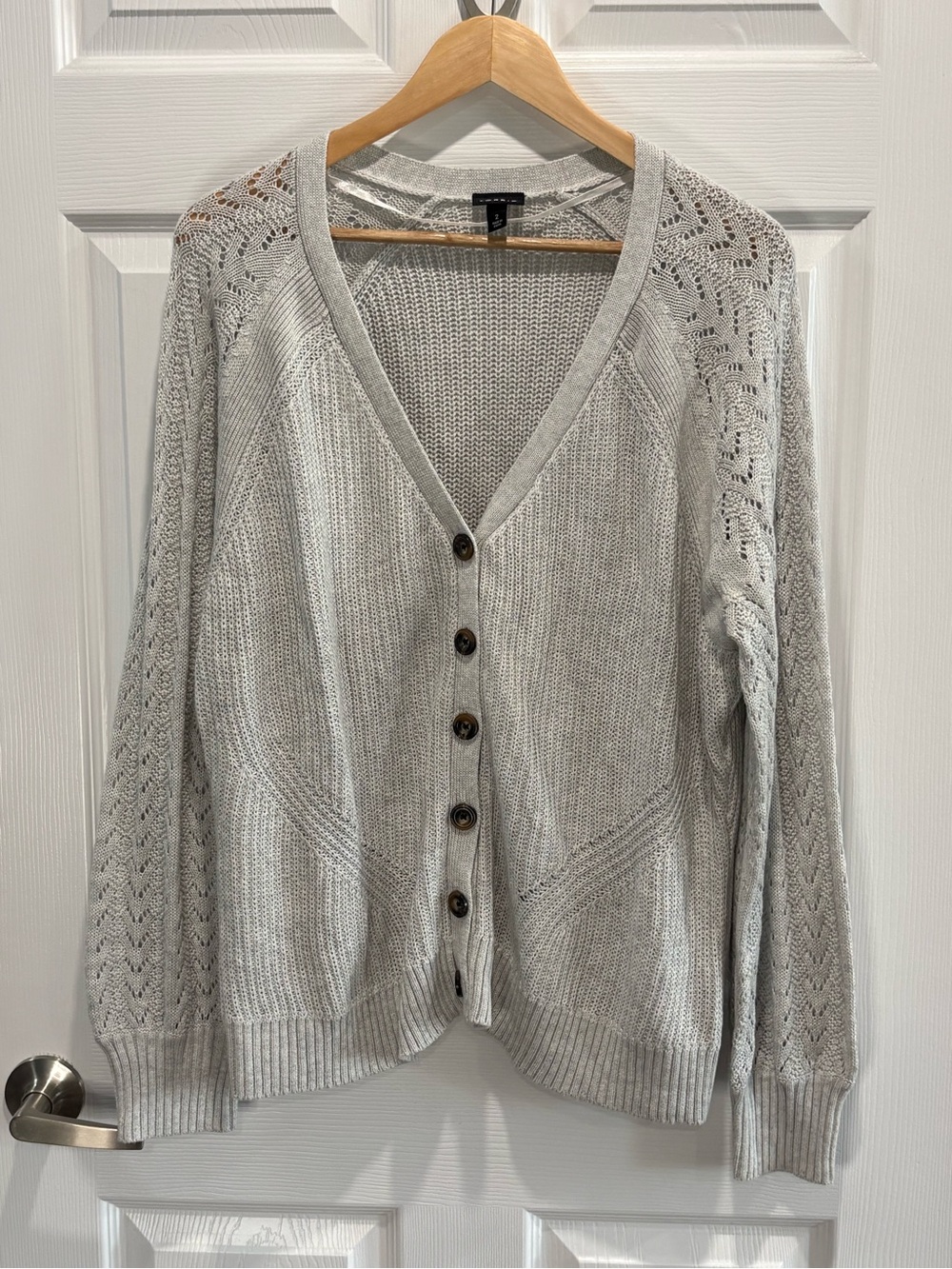Torrid Heather Grey Pointelle Sleeve V-Neck Button Cardigan Sweater, Size 2